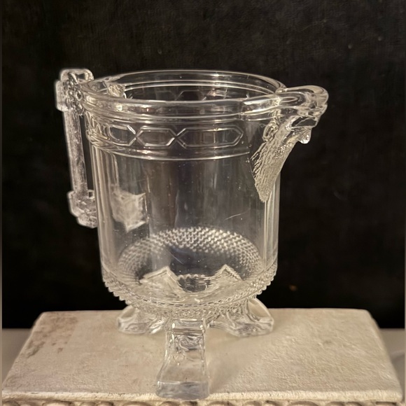 EAPG 1880s glass pitcher with Santa/ bearded man face. 5” antique. Excellent